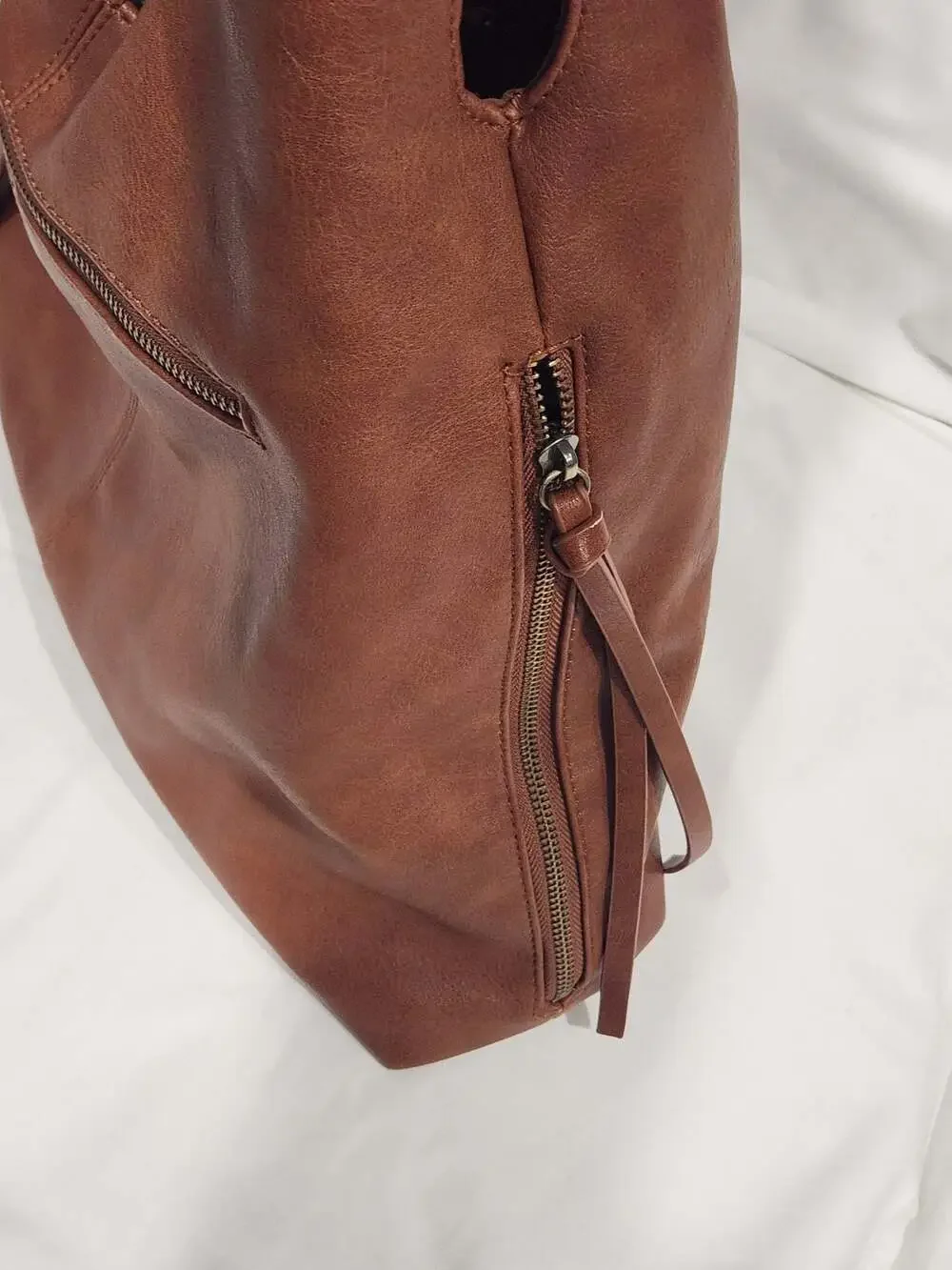 Joy Susan Cognac Vegan Leather Hobo Shoulder Bag with Side Zip Details